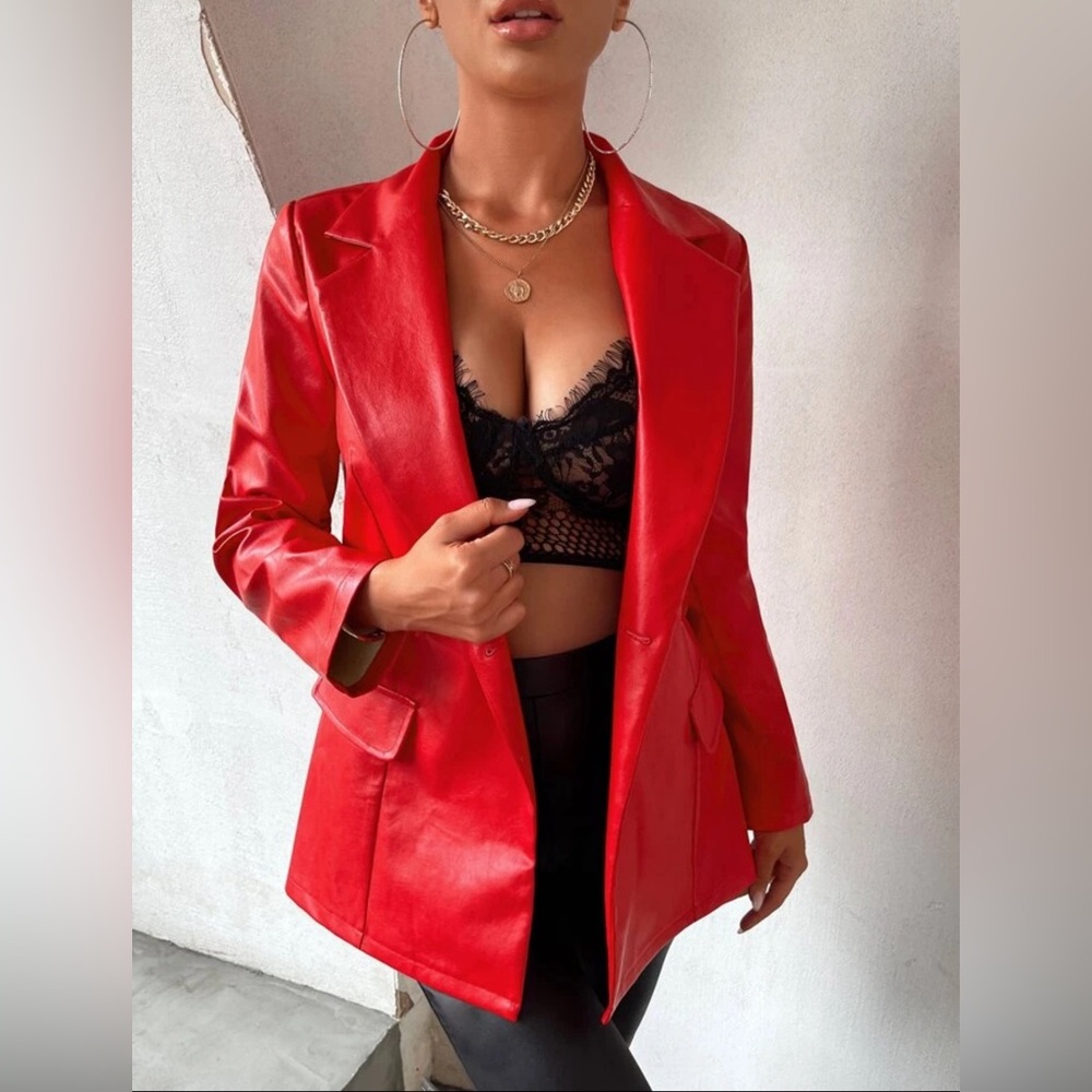Red Faux Leather Blazer